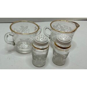 Bartlett Collins Vintage 4pc Table Set Sugar Creamer Salt Pepper Gold Trim Glass